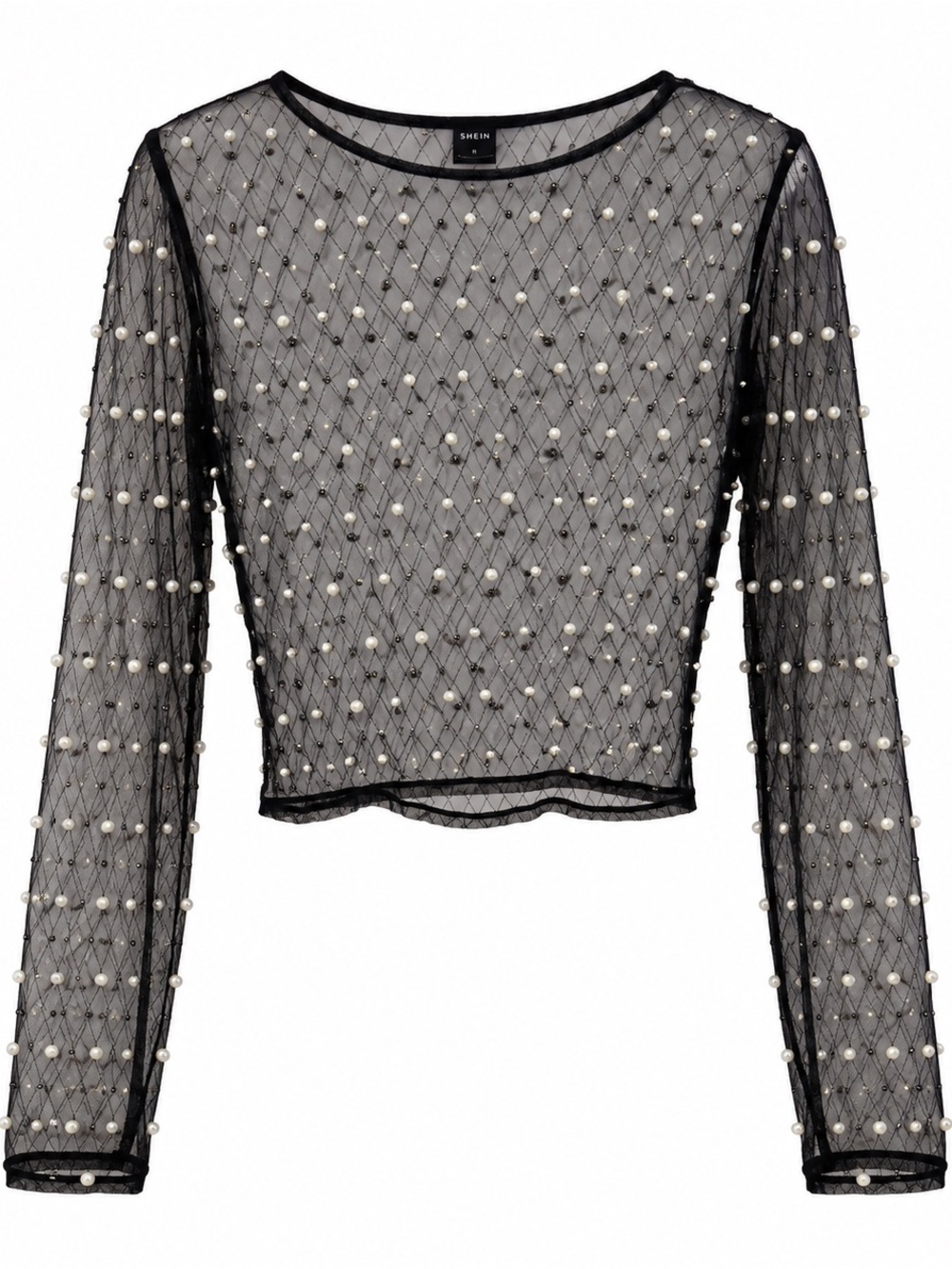 SHEIN Black Sheer Mesh Long-Sleeve Top with Pearl Detail